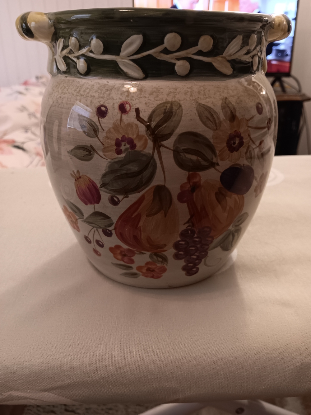 Hand-Painted Floral Ceramic Vase in Green and Cream